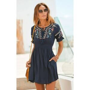 Lascana A-Line Dress Womens Size 12 Navy Blue Embroidered Floral Tassel Bohemian